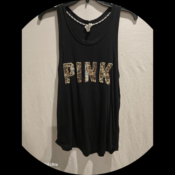 Victoria Secret PINK Black Tank Top with Gold Lettering Large - Picture 1 of 2